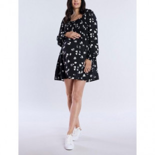 Women's Smocked Babydoll Long Sleeve Mini Dress - Black Floral - Size: Small - Motherhood Maternity