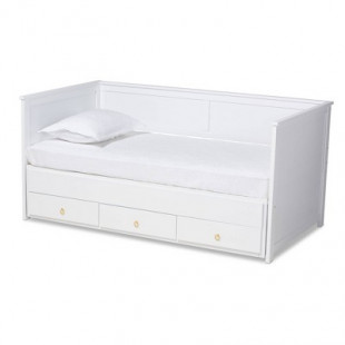 Baxton Studio Twin to King Thomas Expandable Daybed with Storage Drawers White/Gold : Rubberwood Frame, No Box Spring Needed