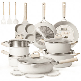Carote Non Stick Pots and Pans Set, 21 Pcs Induction Kitchen Cookware Sets (Beige Granite)