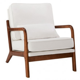 JIONJOY Mid-Century Modern Accent Chair Fabric Upholstered Armchair Wooden Sofa Chair | White