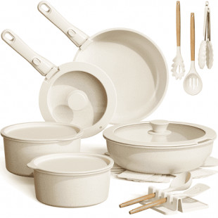 Astercook 20 Piece Ceramic Pots and Pans Set Non Stick, Cookware Set with Detachable Handle, Oven Safe, Induction Ready, Stackable RV Kitchen Cooking Set Removable Handles, Cream White