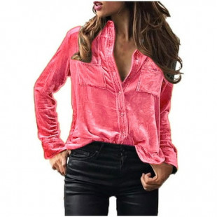 MIDCKE Womens Button Down Shirts Winter Autumn Velvet Tops Casual Long Sleeve Solid Color Blouses Casual Basic Slim Tunic Tees with Pocket Z#01-Pink XL