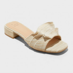 Women's Lyta Raffia Ruffle Sandals with Memory Foam Insole - A New Day™ Beige 8: Slip On, Block Heel, Open Toe, Medium Width