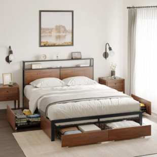 Hausource Queen Bed Frame with Storage Headboard and 4 Drawers LED Lights Platform Bed No Box Spring Needed - Brown