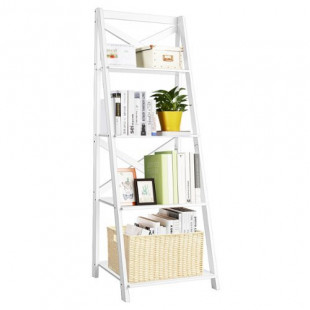 Costway - 4-Tier Ladder Shelf Bookshelf Bookcase Storage Display Plant Leaning Shelf - White