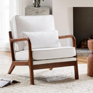 Modern Beige Linen Fabric Upholstered Comfy Reading Accent Chair with Lumbar Pillow,Wood Frame Lounge Arm Chair for Living Room, Bedroom-Cuddlewood