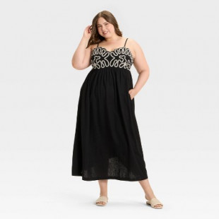 Women's Crewel Maxi A-Line Dress - A New Day™ Black 1X