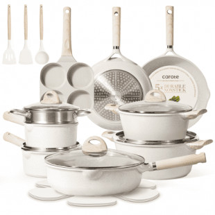 Carote Non Stick Pots and Pans Set, 21 Pcs Induction Kitchen Cookware Sets (Beige Granite)