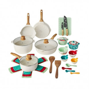 The Pioneer Woman Prairie Signature 30-Piece Cast Aluminum Cookware Set, Linen Speckle