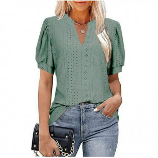 XWSHYW Summer Tops for Women 2025 Women's Tops Clearance, Summer Casual V-Neck Tops Solid Color Hollowed Out Bubble Sleeve Loose T-shirt, Sizes S-2XL