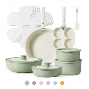 Carote Nonstick Cookware Sets, 17 Pcs Non Stick Pots and Pans Set with Removable Handle, Green