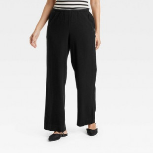 Women's Mid-Rise Wide Leg Linen Pull-On Pants - A New Day™ Black M: Seam Pocket, Adjustable Waistband, 30.5" Inseam