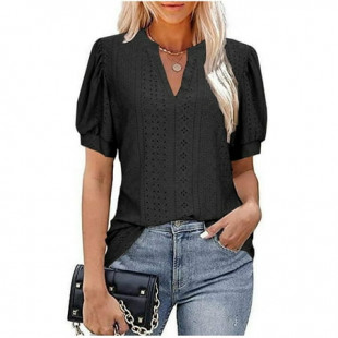 XWSHYW Summer Tops for Women 2025 Women's Tops Clearance, Summer Casual V-Neck Tops Solid Color Hollowed Out Bubble Sleeve Loose T-shirt, Sizes S-2XL # Official Site