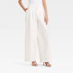 Women's High-Rise Relaxed Fit Wide Leg Pleated Linen Trousers - Future Collective White 6