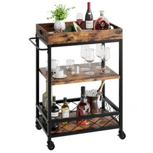 Bar Carts for The Home, Bar Cart, Serving Cart with Wheels, 3 Tier Bar Cart with Wine Rack, Wheel Locks (Vintage Brown)