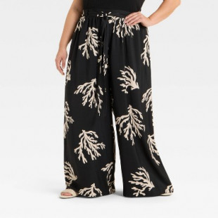 Women's Tie-Front Flowy Wide Leg Pants - Ava & Viv™ Black Coral Print 1X