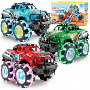 Joyfy 3PCS Monster Friction-Powered Truck Toy, Friction Powered Toy Truck with Flashing LED Wheel, Best Birthday Gift for Boys Girls