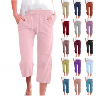 Ofertas Relampago de Hoy! QATAINLAV Capri Pants for Women Summer Linen Drawstring Beach Capris Baggy Straight Wide Leg Cropped Trousers with Pockets Yellow S