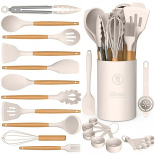 Silicone Cooking Utensils Set - Silicone Kitchen Utensils for Cooking Wooden Handles, 446�F Heat Resistant Kitchen Utensil Spatula Sets w Holder, Gadgets for Non-Stick Cookware BPA FREE (Khaki)