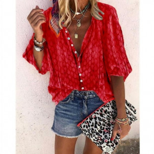 New Fashion Women's Casual Loose Lapel Shirt Puff Sleeve Buckle Printed Top