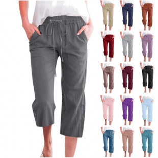 Gifts for Mom! QATAINLAV Womens Loose Fit Straight Wide Leg Capris Summer Casual Drawstring Linen Beach Capri Pants Solid Lounge Cropped Trousers with Pockets Gray S