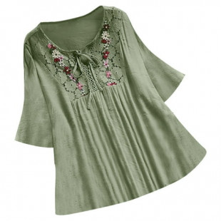 DOSUKRAI Cotton Tops for Women,Boho Peasant Vintage Lace Tops for Women Patchwork Bow Embroidered Blouses Plus Size 3/4 Sleeve Summer Shirts 2024 Flash Deals of the Day Clearance Army Green,XL