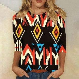 Fashion Flash Deals Cagogo Ladies Dressy Casual Aztec Western T Shirts Clearance Under $5 Summer 3/4 Length Sleeve Vintage Crewneck Ethnic Style Tops Night Out White Tshirts Outfits