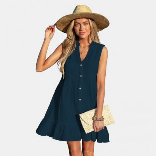 Women's Navy Blue Woven Cotton Ruffled Hem Mini Cover-Up Dress  - Cupshe-M-Blue