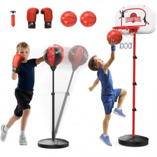 JoyStone 2 in 1 Kids Basketball Hoop and Punching Bag, Adjustable Stand with Boxing Gloves & 2 Balls, Toddler Basketball Hoop and Boxing Bag Set Toy for Outdoor Indoor Sports Games