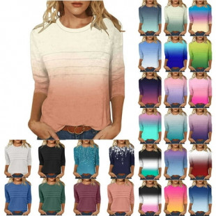 JURANMO 3/4 Length Sleeve Womens Tops 2025 Plaid Print Vintage Tees Fashion Casual Round Neck Blouse Loose Summer Shirts Ofertas Flash Del Dia Sky Blue XL