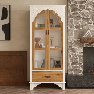 Famapy White Vertical Storage Cabinet Embossed Patterned Arched Glass Doors Bookshelves Display Cabinet Pantry Side Cabinet