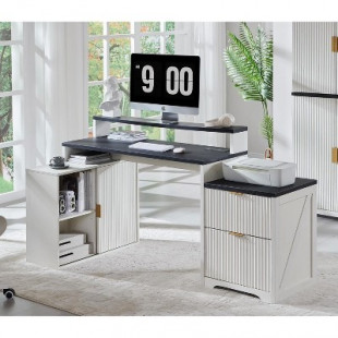 Modern 67" L-Shaped Desk with Storage Cabinet & Drawers, Wood Home Office Desk with Power Outlets, Standing Writing Desk, White
