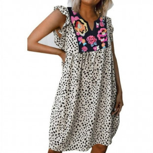 New Fashion Women's Casual Leopard Print Shirt Stitching V-neck Flying Sleeve Dress