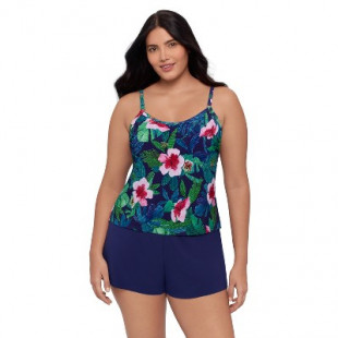 Trimshaper Women's Farrah Plus Swim Romper with Pockets - Jungle Oasis