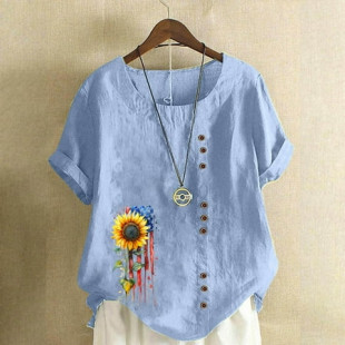 Xdegoge Past Orders At Walmart Linen Shirts Women Short Sleeve Crew Neck Tops Floral Summer Fashion Tunic Shirts Loose Fit Casual Blouses Y2K Plus Size Tee Shirts Ropa Mujer Flash of The Day