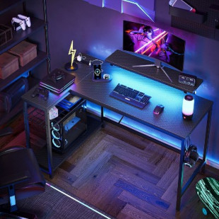 Bestier 48 Inch LED L-Shaped Gaming Desk with Monitor Stand Black 3d Carbon Fiber
