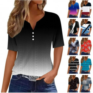 QATAINLAV Womens Shirts Casual Button V Neck Henley Shirts Eyelet Embroidery Short Sleeve Tshirts Trendy Colorblock Print Blouse 2025 Going Out Tops Ofertas Flash Del Dia Gray L