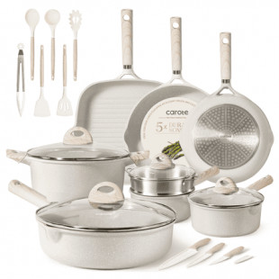 Carote 24Pcs Nonstick Pots and Pans, Non Stick Cookware Set with Knife and Cooking Utensil, Beige
