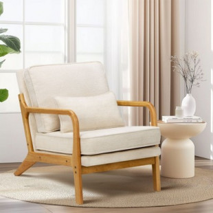 Beige Modern Accent Chair with Lumbar Pillow and Wooden Frame for Living Room or Office