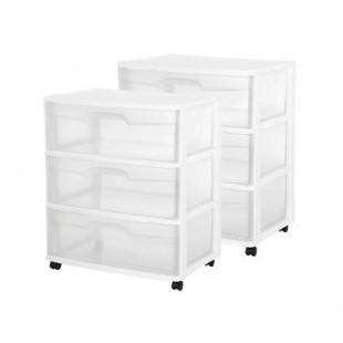 Sterilite 2-Pack 3-Drawer Wide Storage Organizer Cart, Rolling Container w/ Wheels, White - Organizing Containers for Bathroom, Closet, Kitchen, and