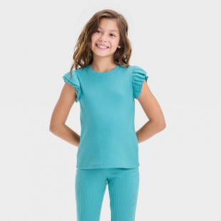 Girls' Short Ruffle Striped Ribbed T-Shirt - Cat & Jack™ Teal Blue S: Crew Neck, Pullover