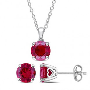 EVERLY JEWELRY Sterling Silver Ruby Solitaire Stud Earring and Pendant Set with Chain