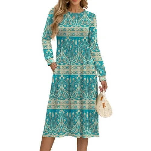 Fantaslook Long Sleeve Midi Dresses for Women Casual Floral Dress Flowy Fall Dresses with Pockets