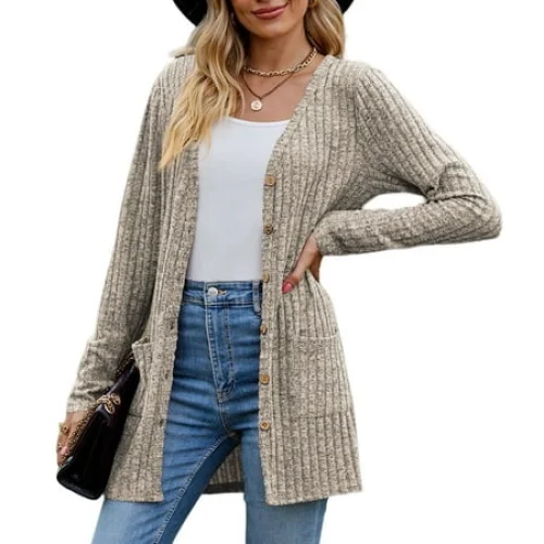 AELand Women’s Long Sleeve Cardigan Sweater Thin Lightweight Button Down Brushed Knit Tops with Pockets S~3XL