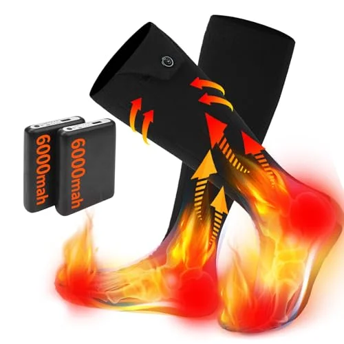 Rebuilt Electric Heated Socks for Men Women with 5V 6000mah Battery Foot Warmer 360° Toe Heating Electric Socks with 4 Levels Heat Settings