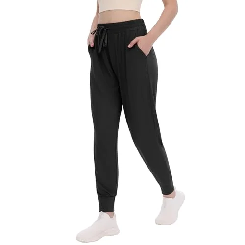 TNNZEET Women’s Joggers with Pockets - High Waisted Sweatpants Tapered Leg Drawstring Lightweight Athletic Pants Black