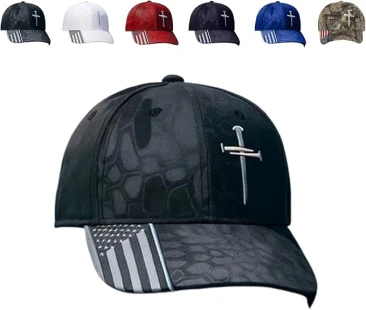 Adjustable Jesus 3 Nail Cross Hat with American Flag - Religious Baseball Cap (One Size, Black)