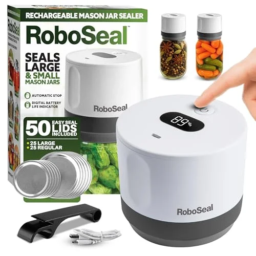Rebublished RoboSeal Rechargeable Mason Jar Vacuum Sealer - 50 Jar Lids & Jar Opener Included