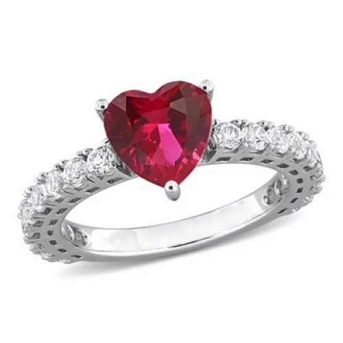 EVERLY JEWELRY Sterling Silver 3 7/8 CT TGW Created White Sapphire Created Ruby Heart Ring,Red,7
