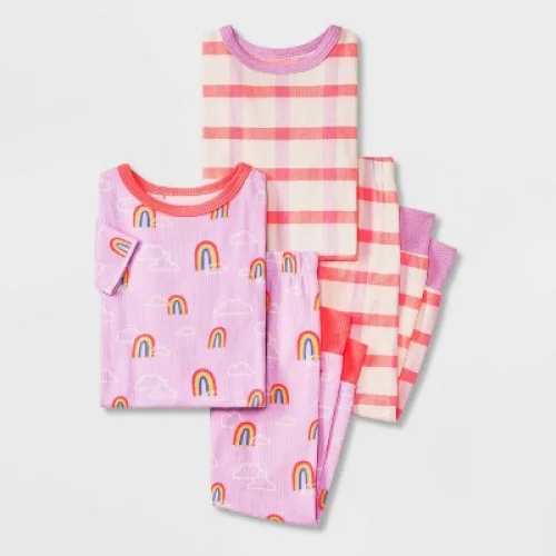 Reconditioned Toddler Girls' 4pc Gingham and Rainbows Ribbed Pajama Set - Cat & Jack™ Purple 12M Recycled Polyester